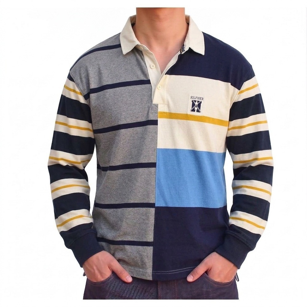 Tommy Hilfiger Vintage Colorblock Stripe Rugby Shirt XXL Blue Grey Long Sleeve